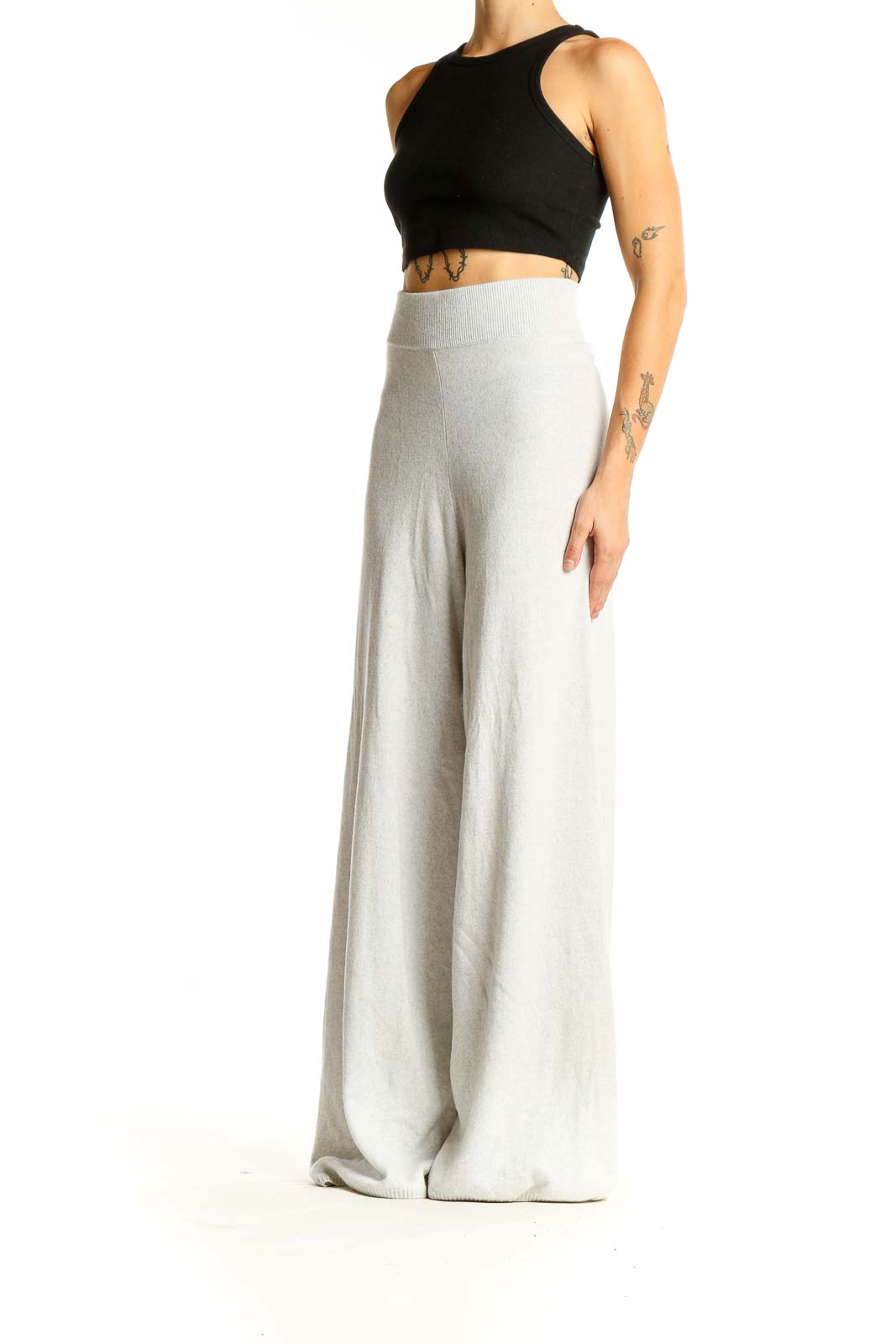 Front view of Leset light gray cashmere blend wide-leg pants