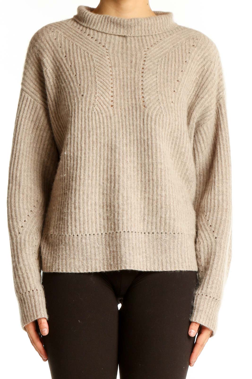 Front view of Aqua beige ribbed cashmere mock neck sweater