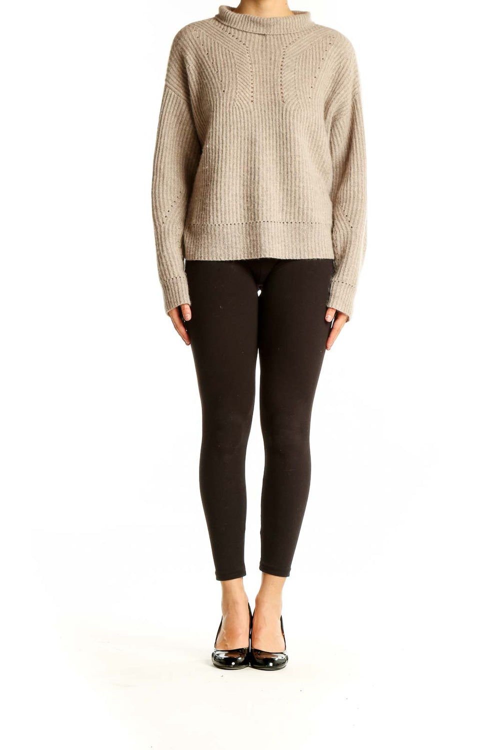 Front view of Aqua beige ribbed cashmere mock neck sweater