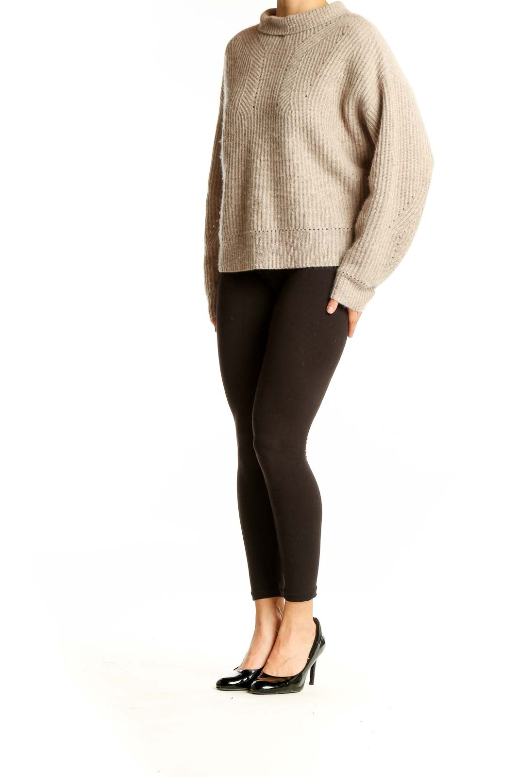 Front view of Aqua beige ribbed cashmere mock neck sweater