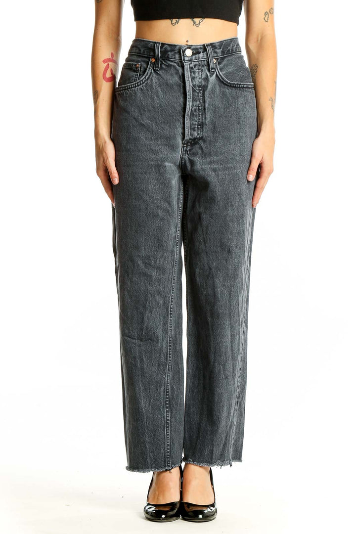 Front view of Denim Forum charcoal gray high-waisted wide-leg jeans