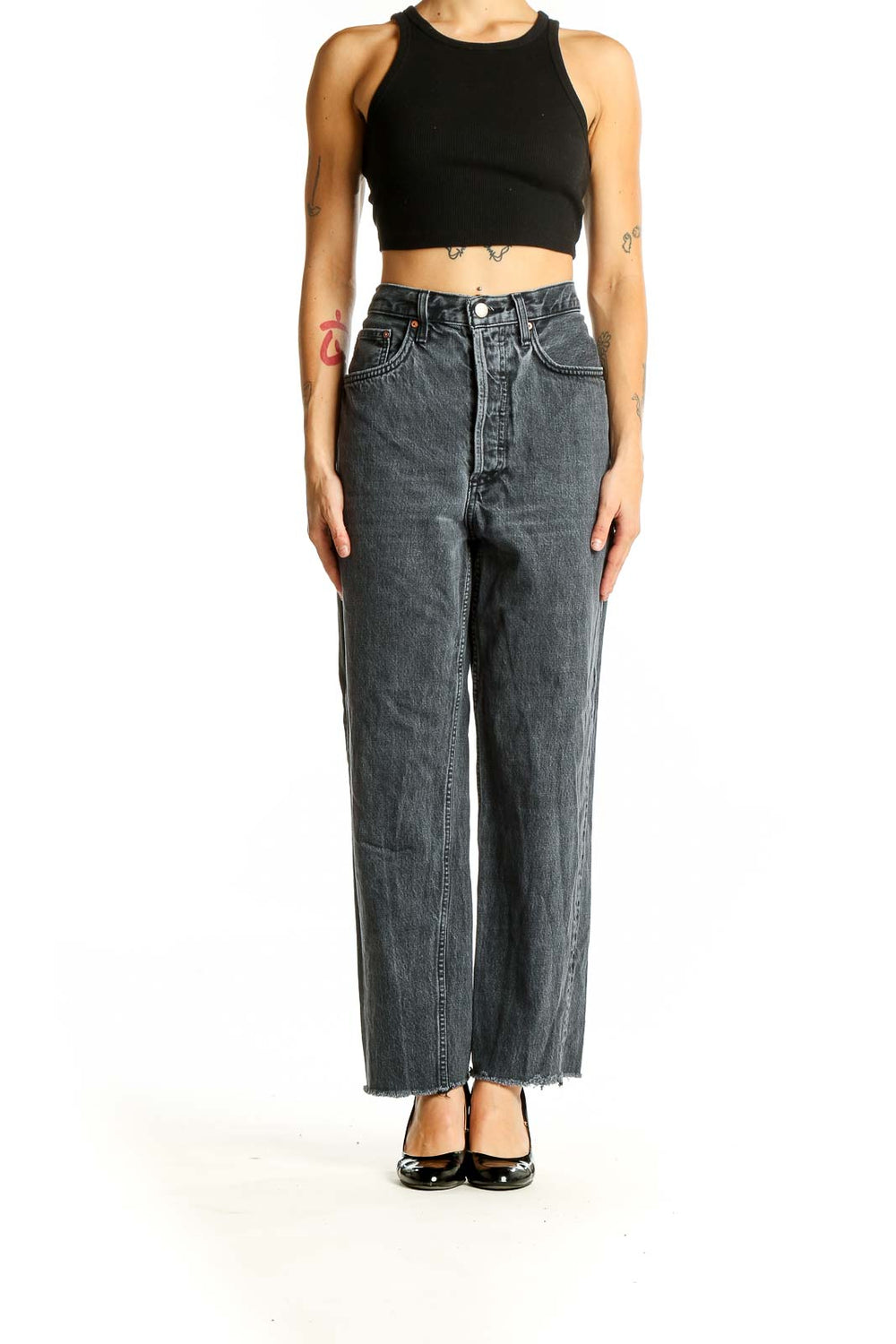 Front view of Denim Forum charcoal gray high-waisted wide-leg jeans