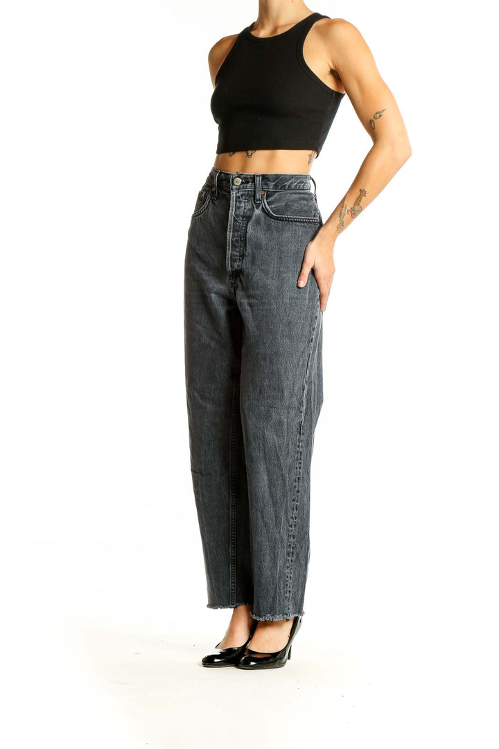 Front view of Denim Forum charcoal gray high-waisted wide-leg jeans