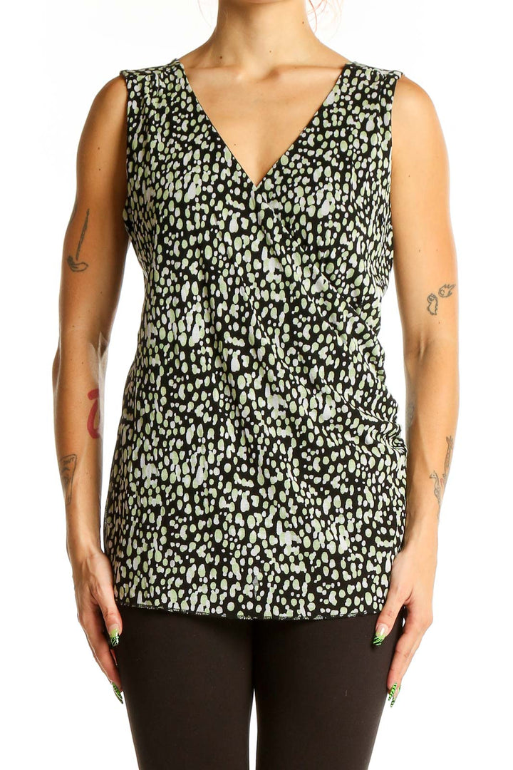 Front view of Nine & Co. black and green leopard print sleeveless top with V-neckline