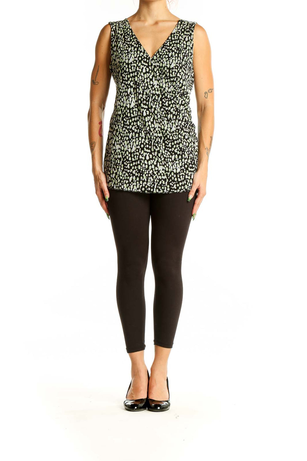 Front view of Nine & Co. black and green leopard print sleeveless top with V-neckline