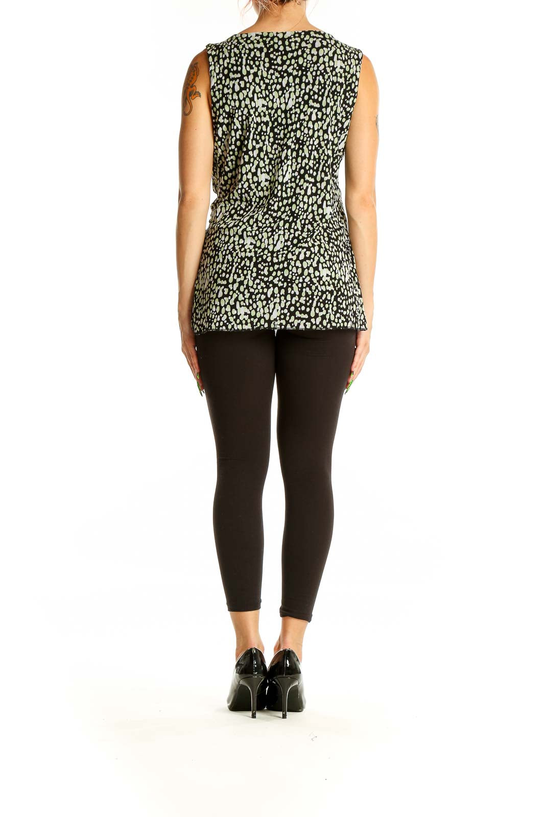 Back view of Nine & Co. black and green leopard print sleeveless top