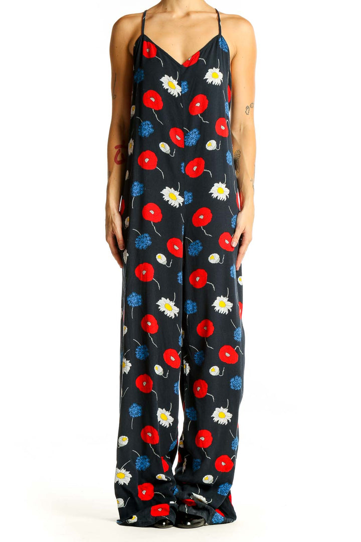 Front view of American Apparel Black Floral Print Jumpsuit with red poppies and daisies