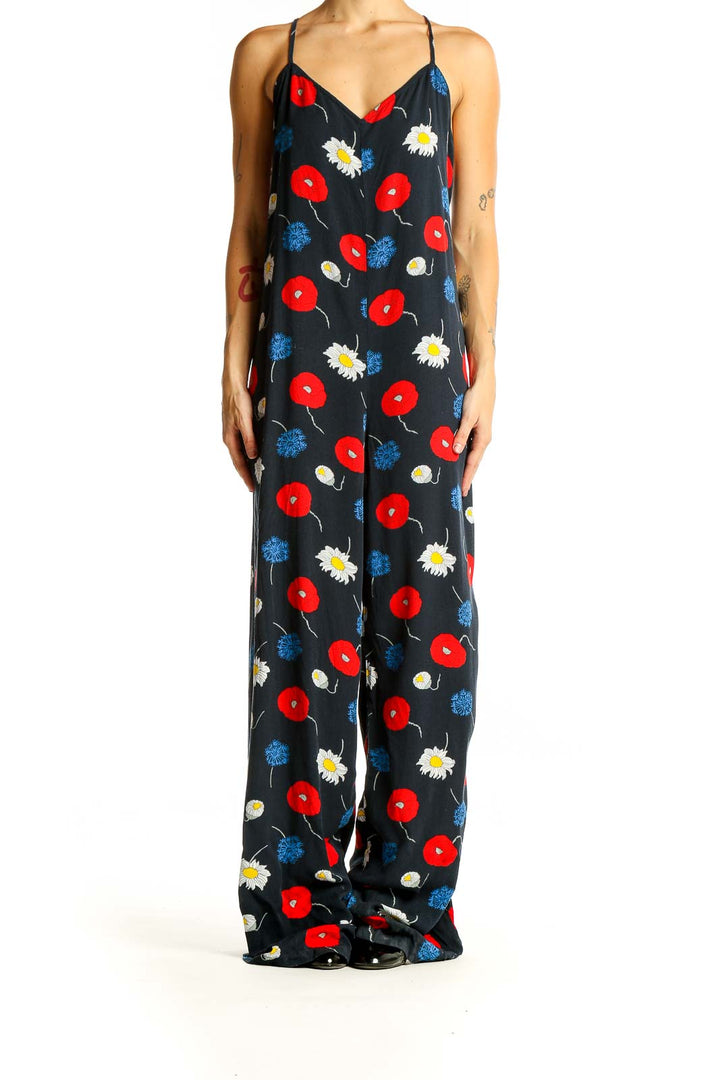 Front view of American Apparel Black Floral Print Jumpsuit with red poppies and daisies