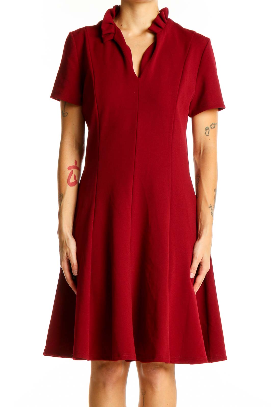 Front view of red Gilli dress with ruffled collar and A-line silhouette