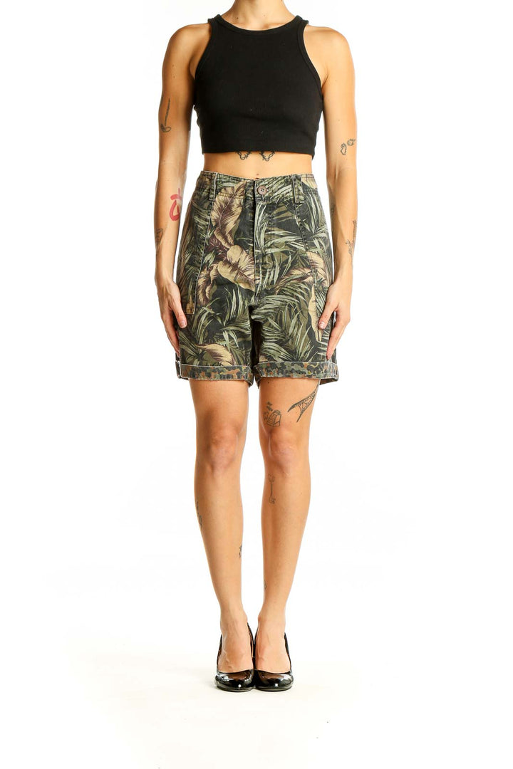 Front view of Billabong green tropical print cotton shorts