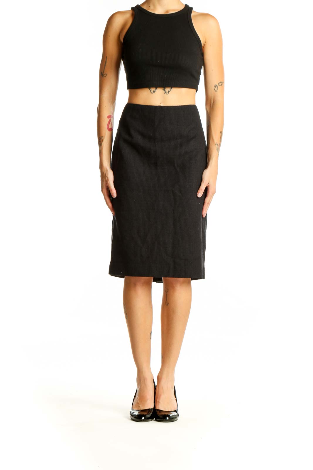 Front view of black Talbots pencil skirt on model