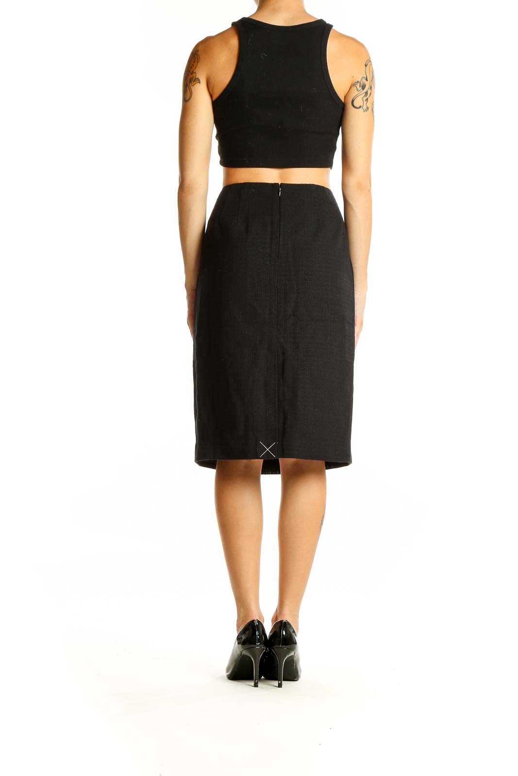 Back view of black Talbots pencil skirt on model