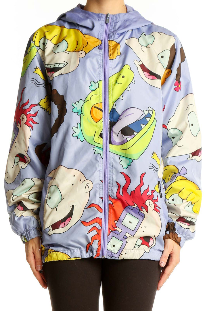 Front view of purple Members Only x Nickelodeon zip-up hoodie with cartoon character print