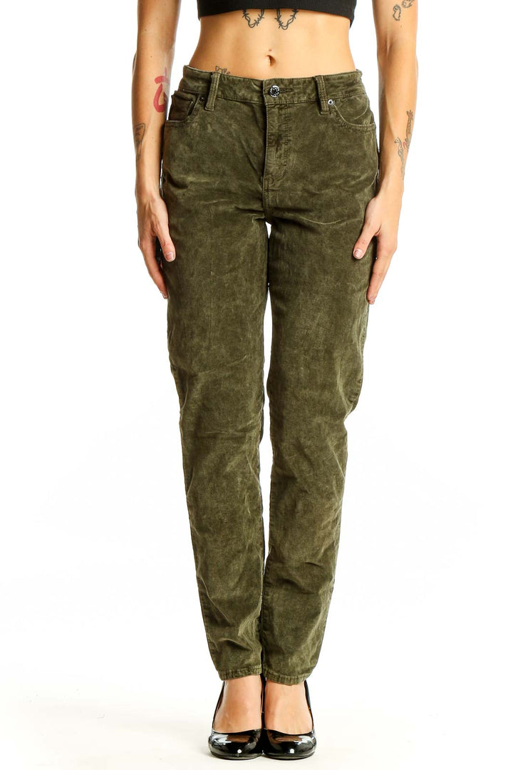 Front view of olive green corduroy straight leg pants from Lucky Brand