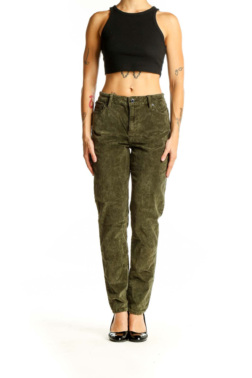 Front view of olive green corduroy straight leg pants from Lucky Brand