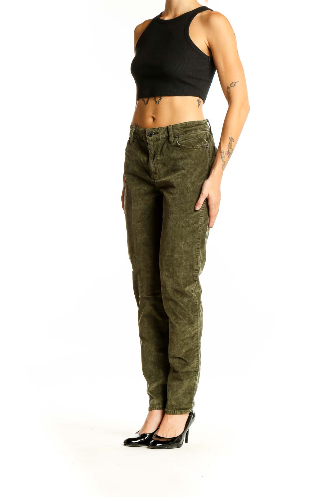 Front view of olive green corduroy straight leg pants from Lucky Brand