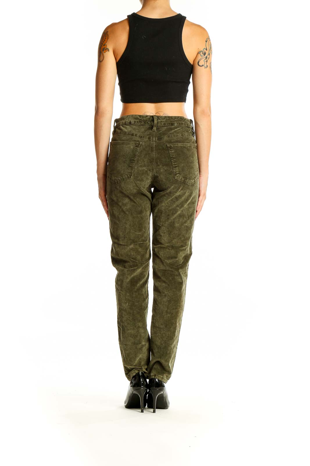 Back view of olive green corduroy straight leg pants from Lucky Brand