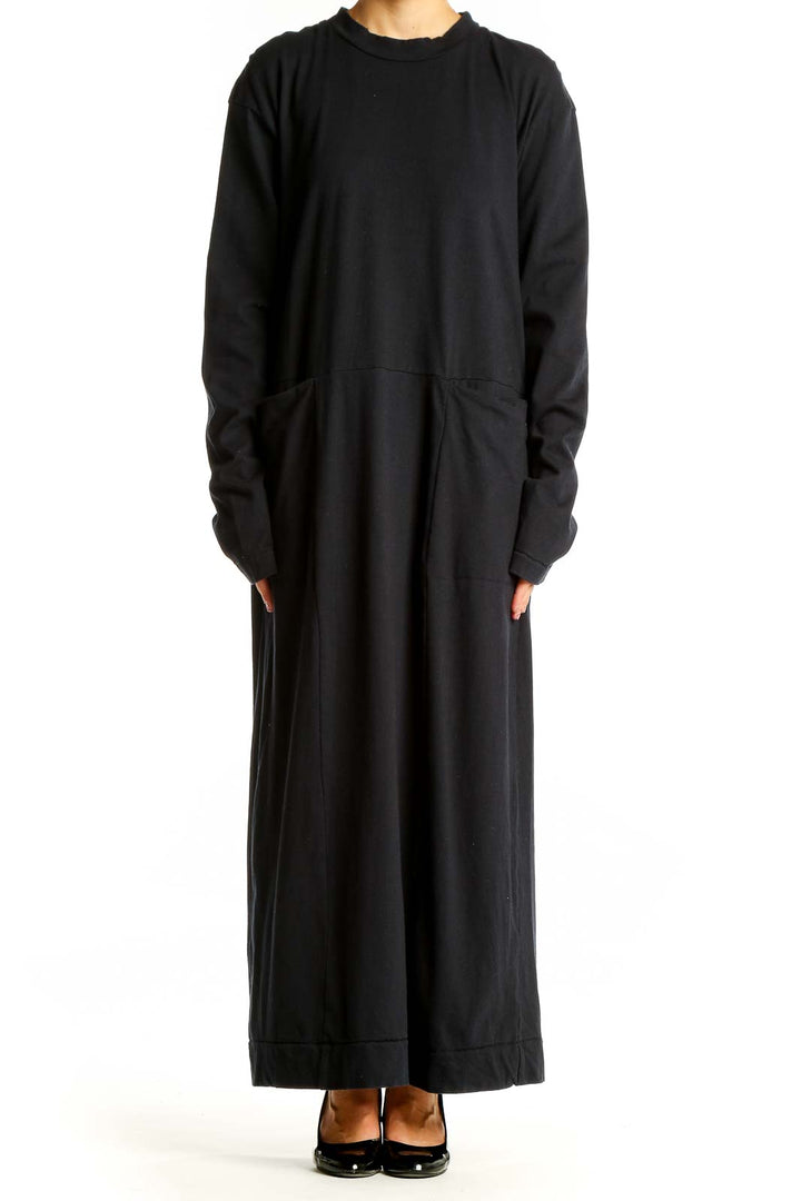 Front view of Maria Stanley black cotton long sleeve maxi dress