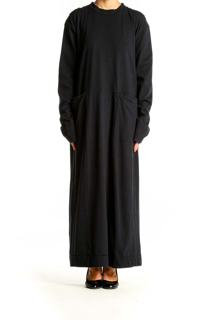 Front view of Maria Stanley black cotton long sleeve maxi dress