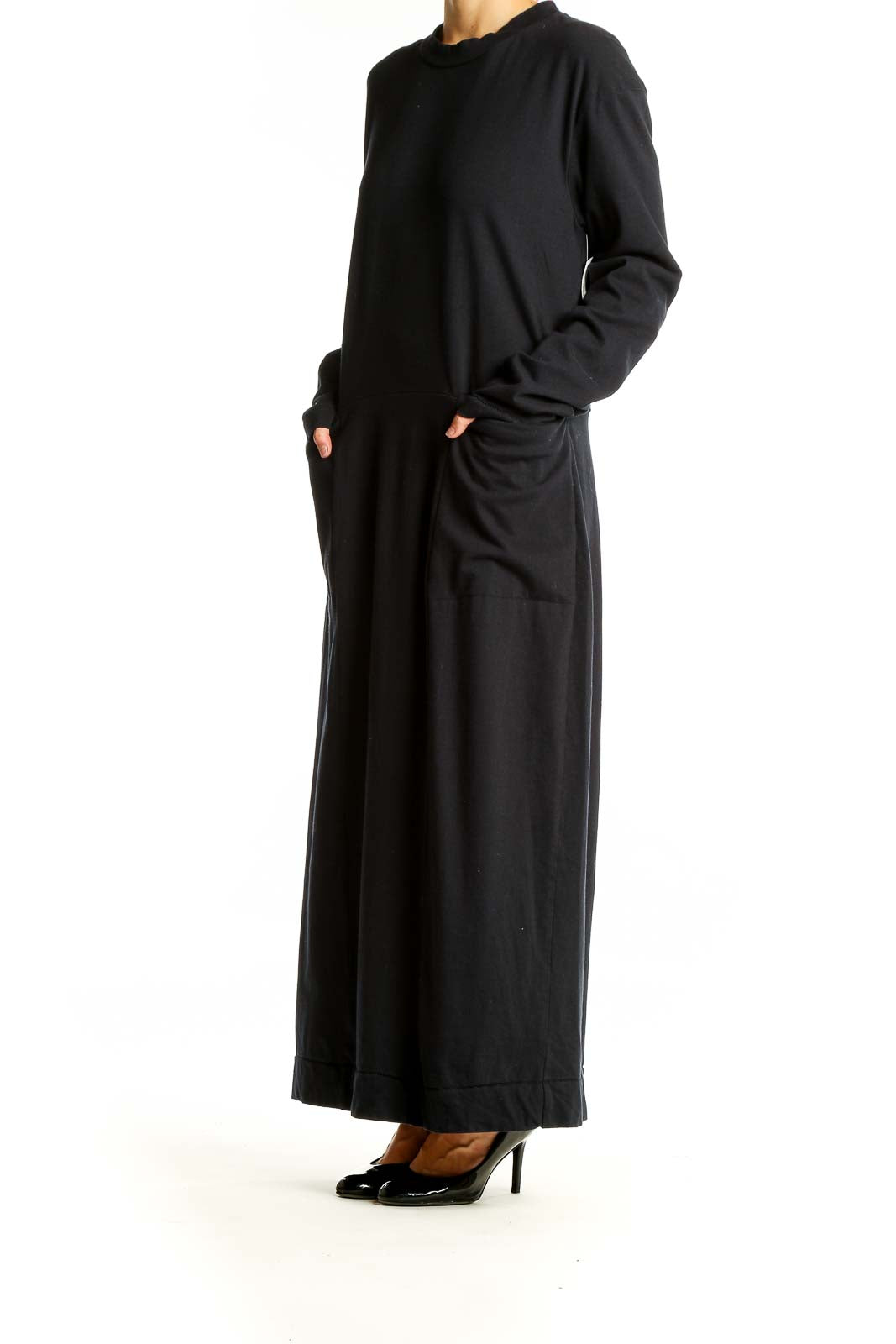 Front view of Maria Stanley black cotton long sleeve maxi dress