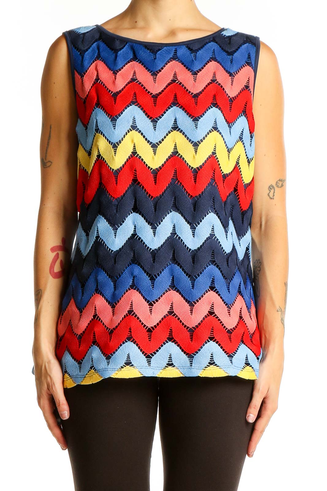 Front view of Rafaella multicolor chevron sleeveless blouse