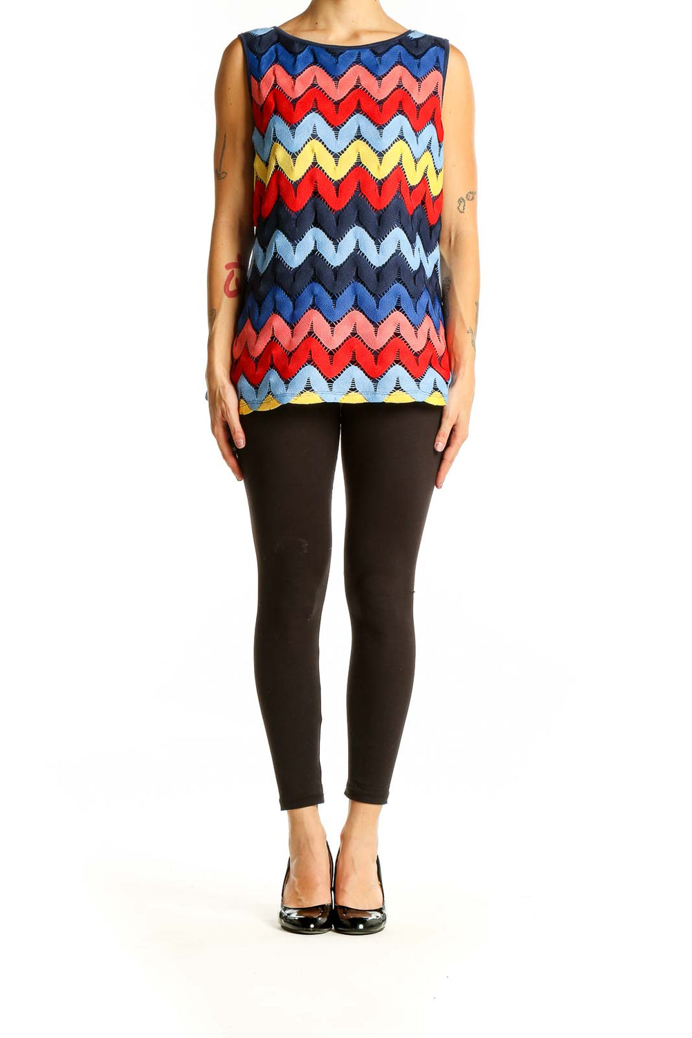 Front view of Rafaella multicolor chevron sleeveless blouse