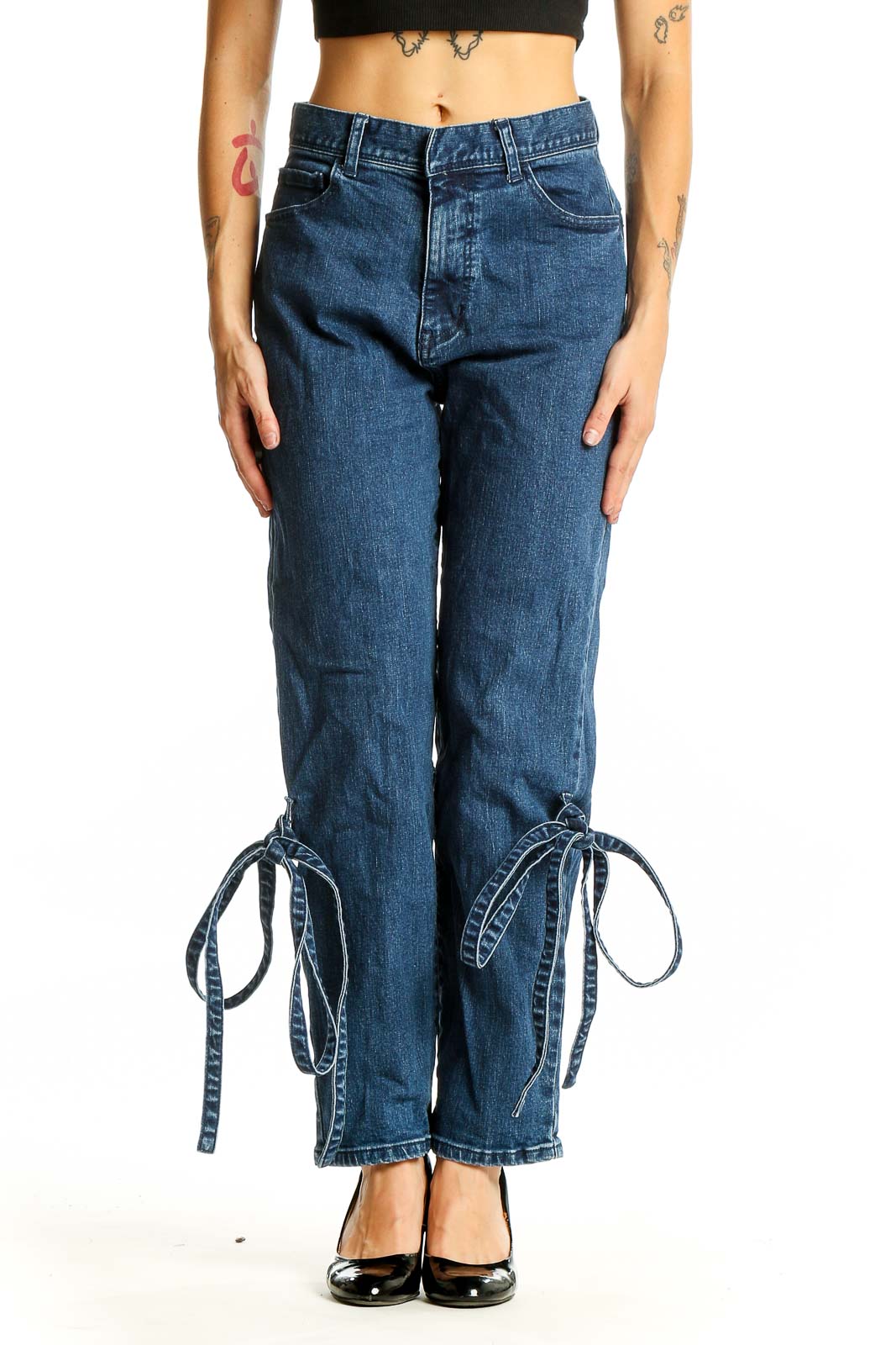 Front view of Hare blue denim jeans with tie-ankle design