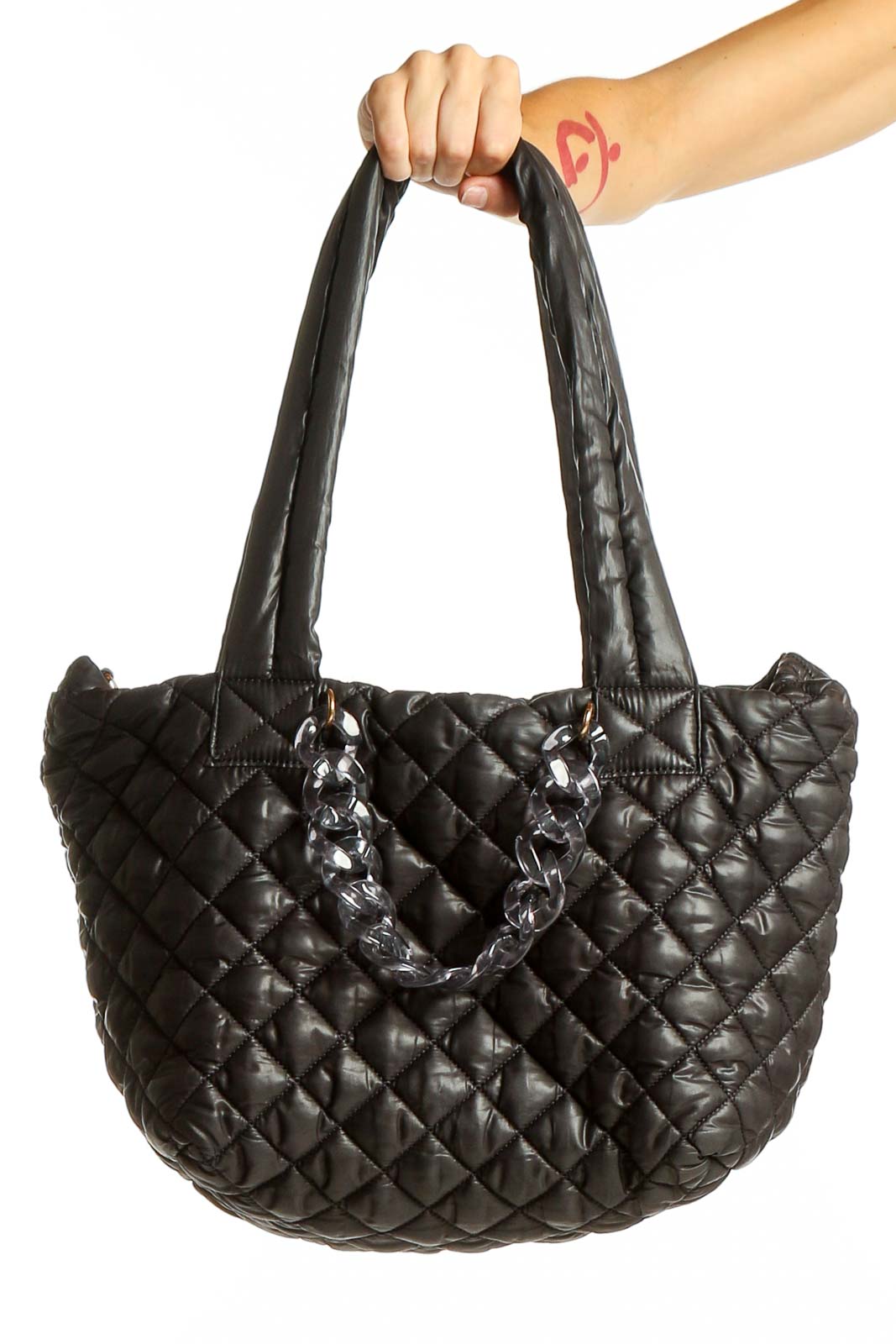 Front view of Jill & Ally black quilted polyester tote bag with double handles