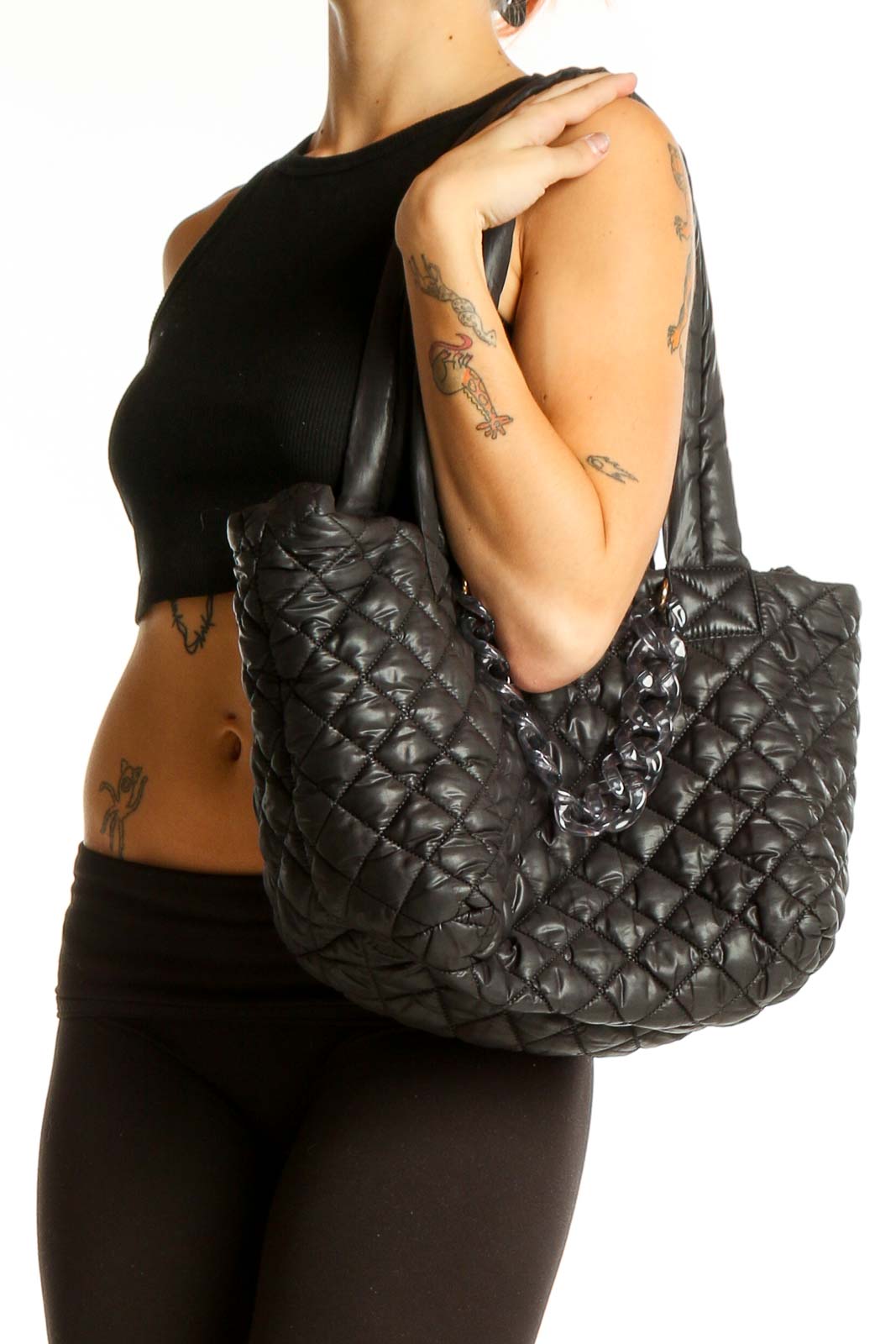 Front view of Jill & Ally black quilted polyester tote bag with double handles