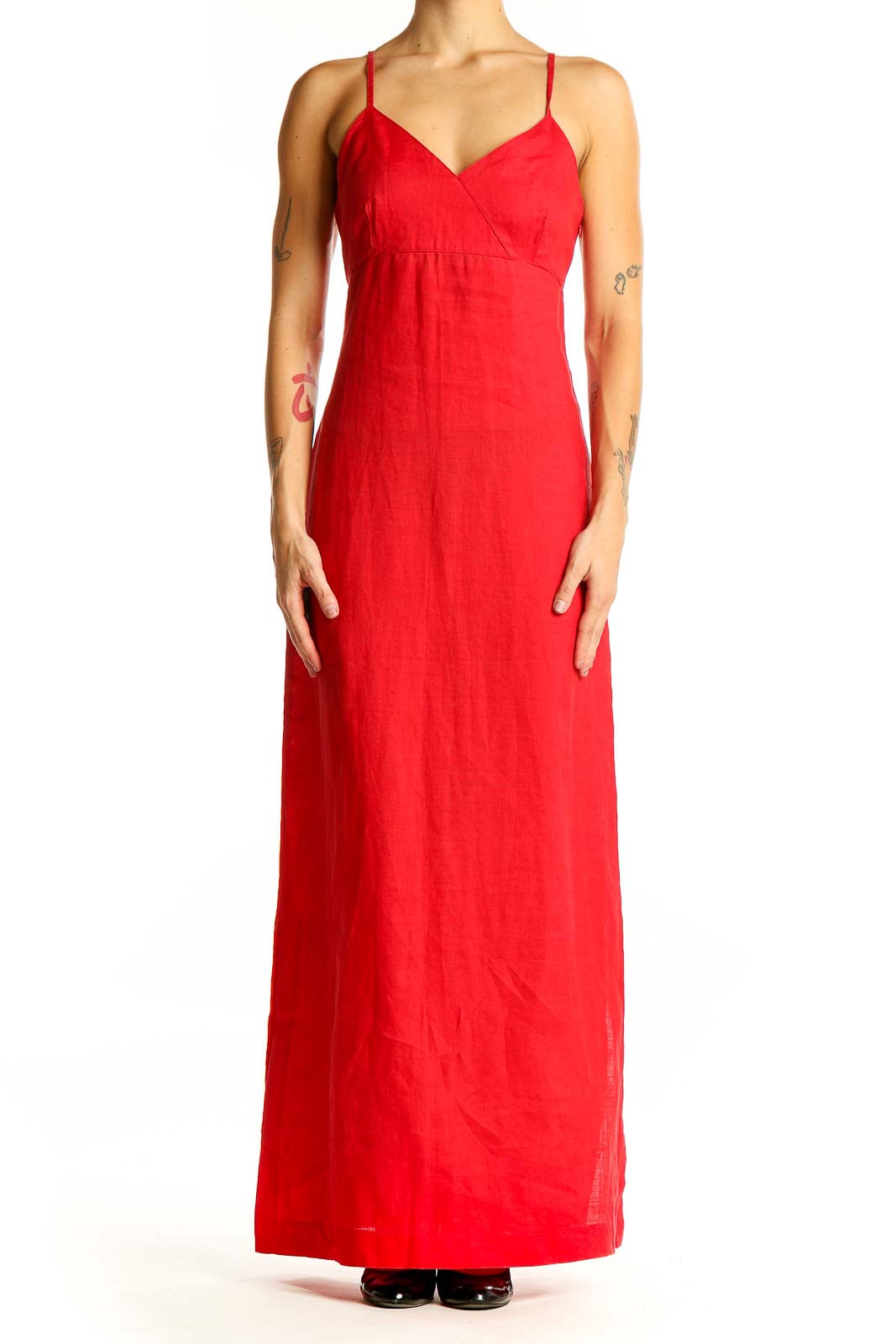 Front view of red Zara Basic maxi dress with V-neckline and thin straps