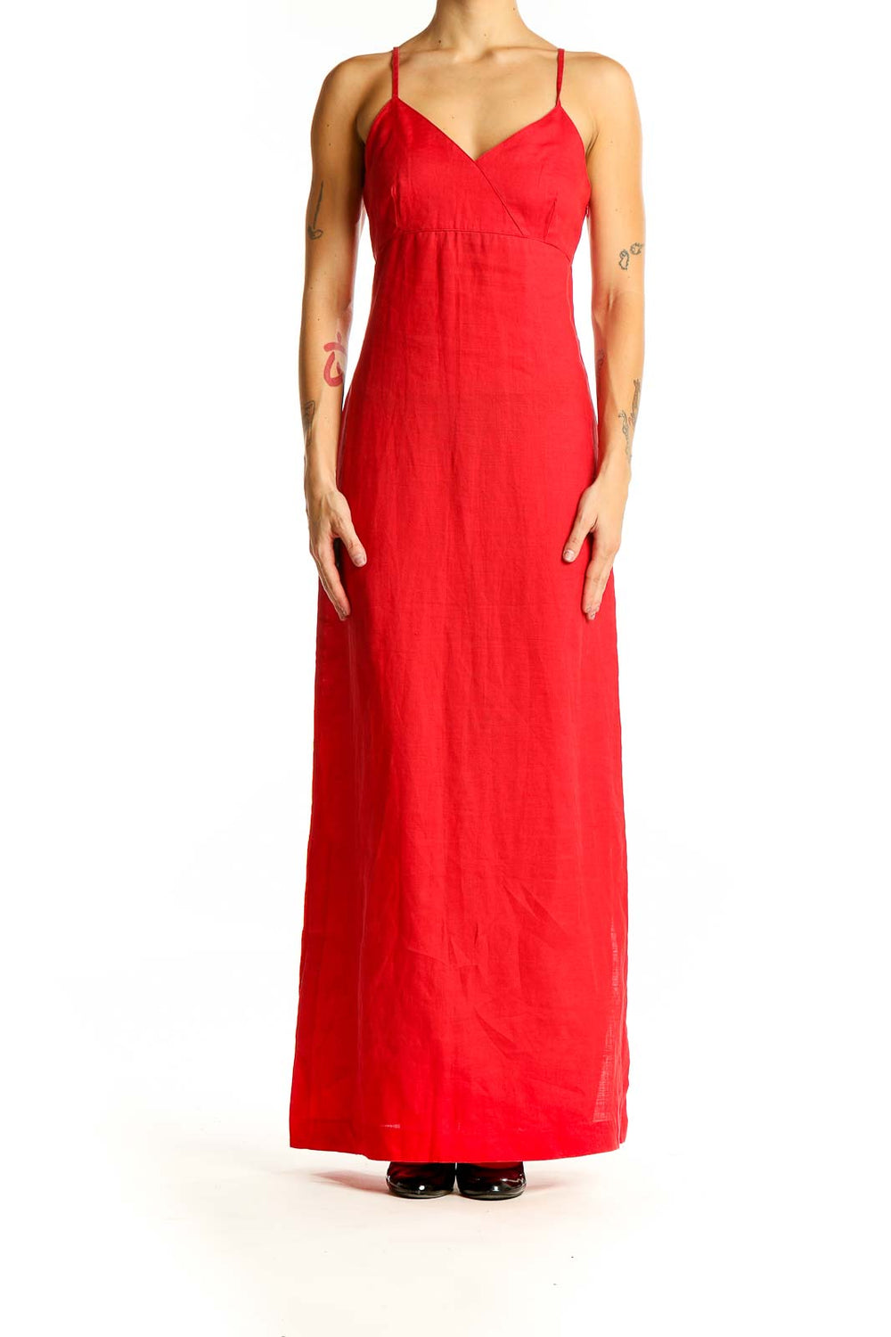 Front view of red Zara Basic maxi dress with V-neckline and thin straps