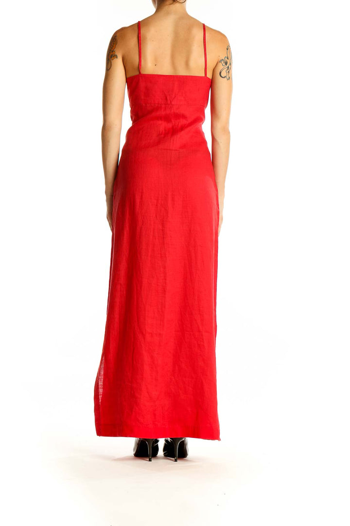 Back view of red Zara Basic maxi dress showing straight cut and thin straps