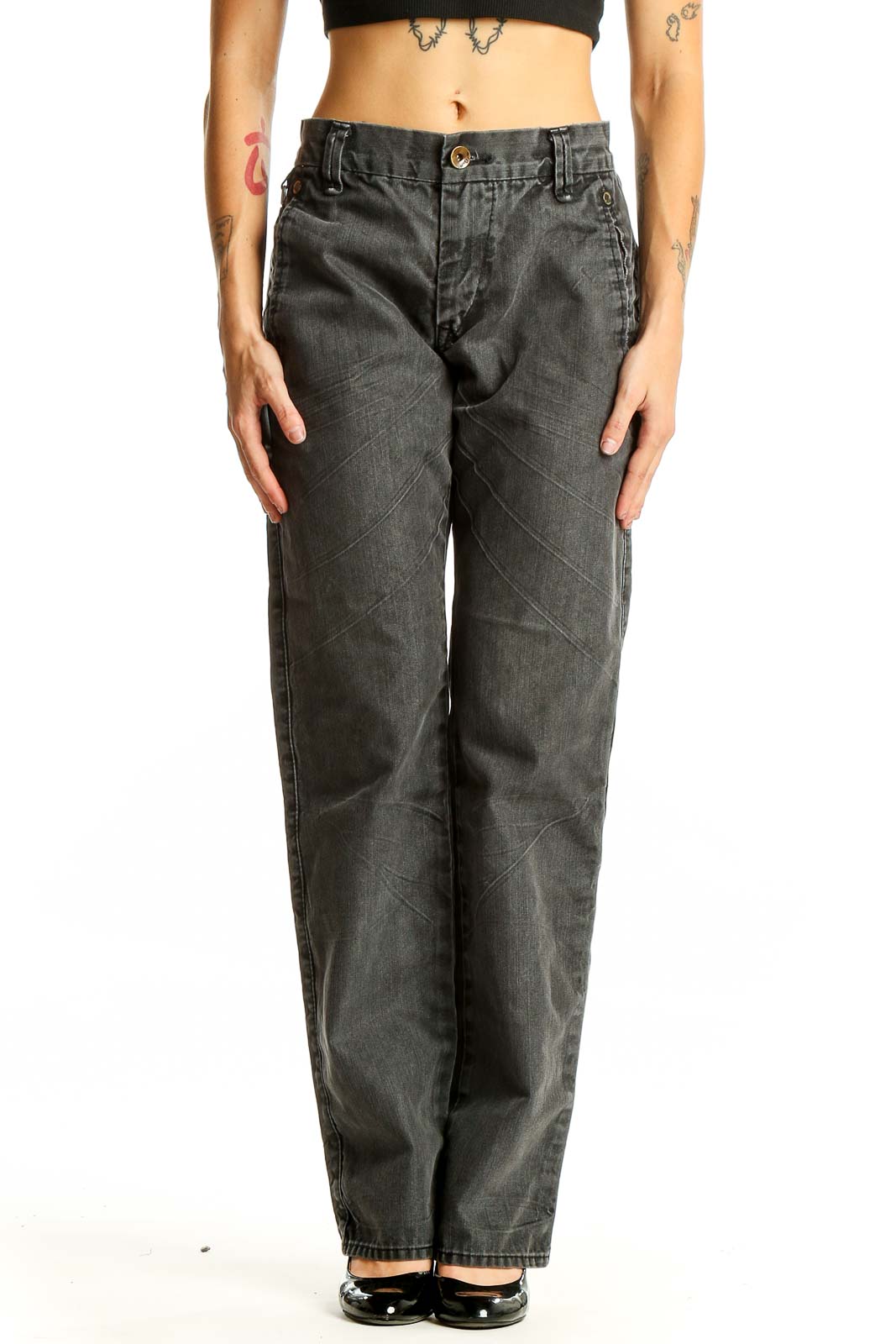 Front view of Express gray denim wide-leg jeans on model