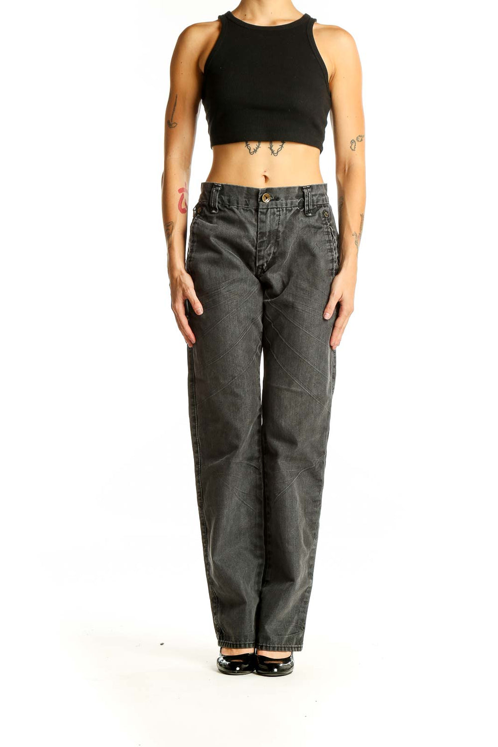 Front view of Express gray denim wide-leg jeans on model