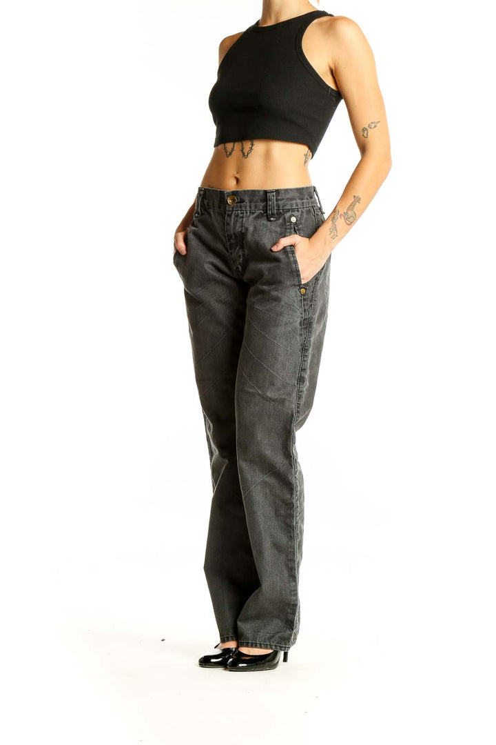 Front view of Express gray denim wide-leg jeans on model