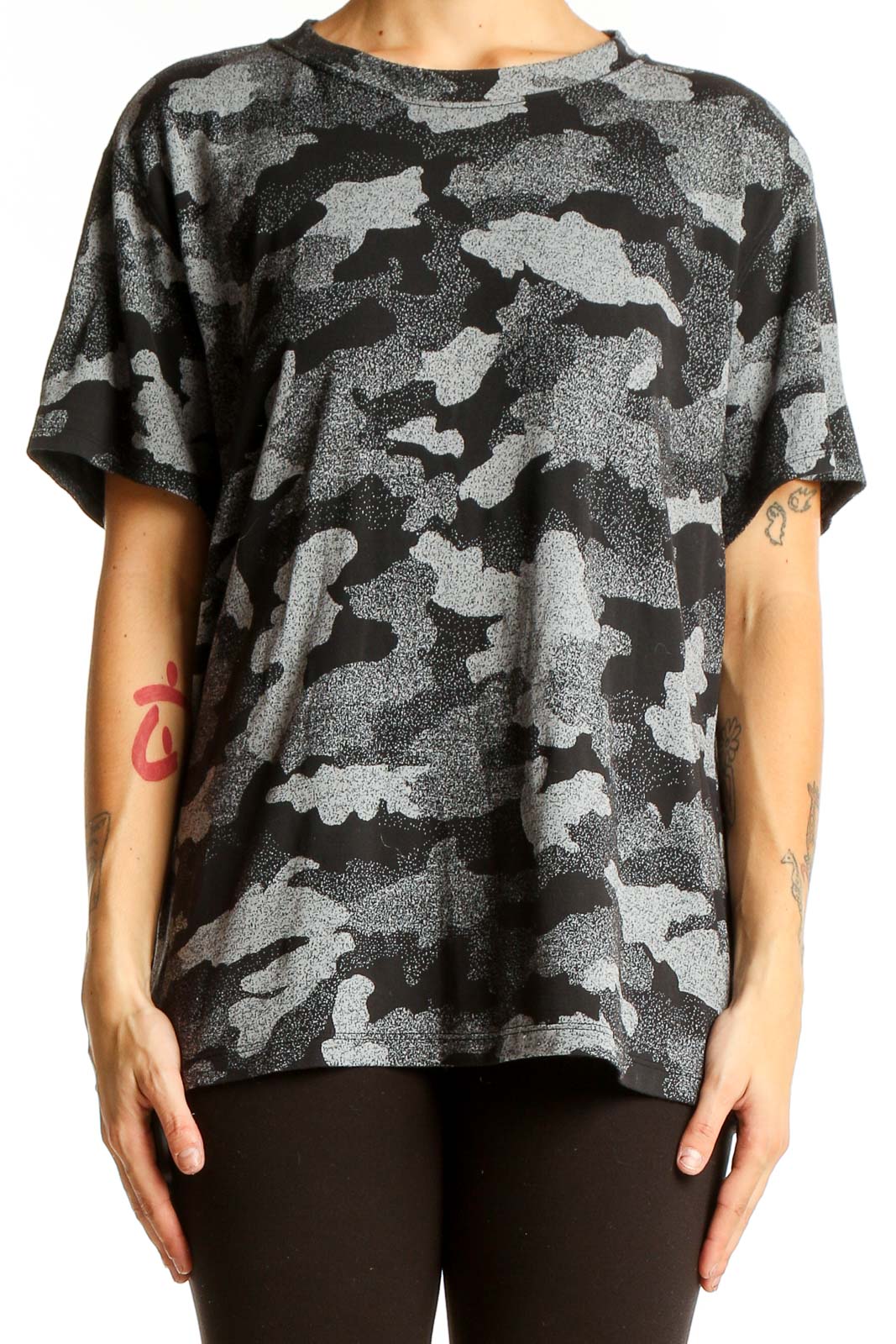 Front view of gray camo print SilkRoll activewear top