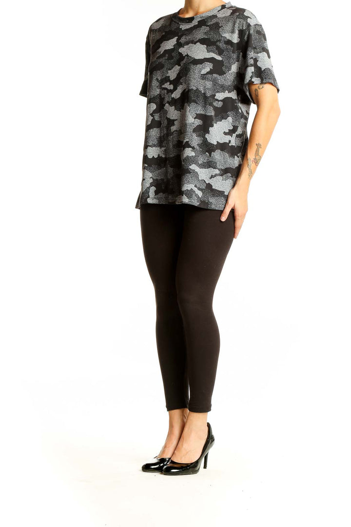 Front view of gray camo print SilkRoll activewear top