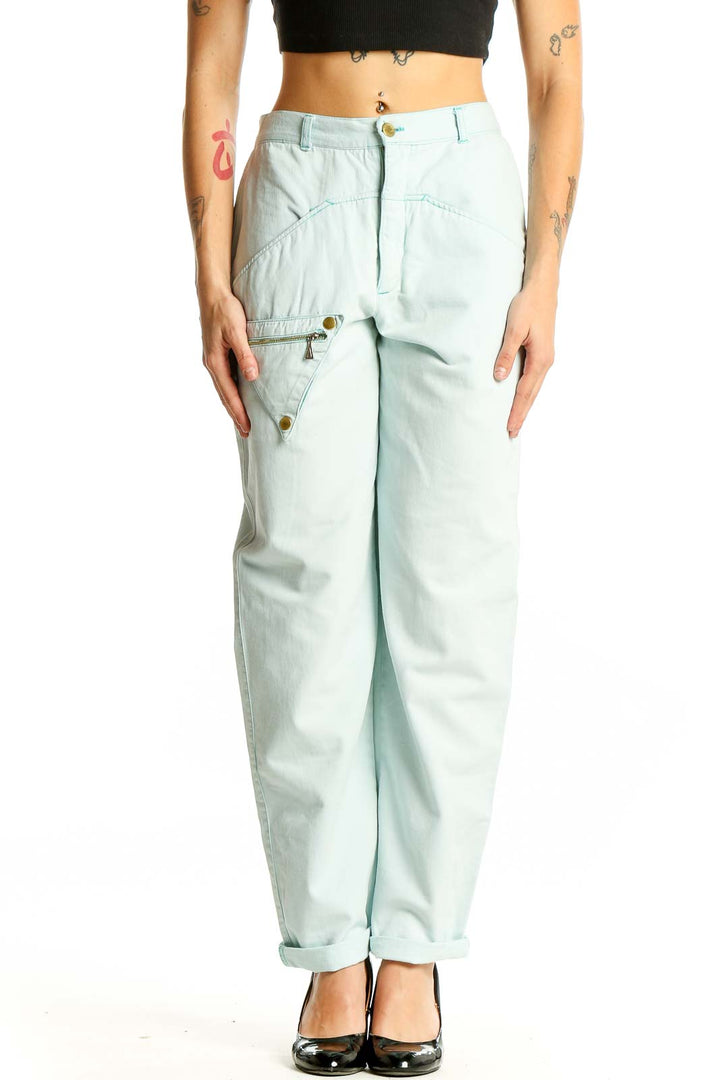 Front view of SilkRoll light blue cotton denim cargo pants with diagonal seam detail