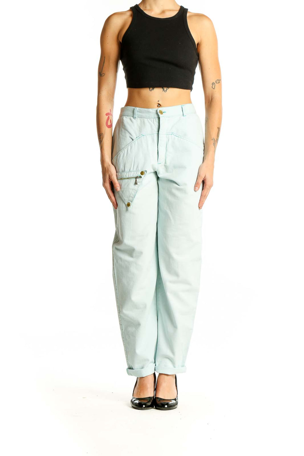 Front view of SilkRoll light blue cotton denim cargo pants with diagonal seam detail