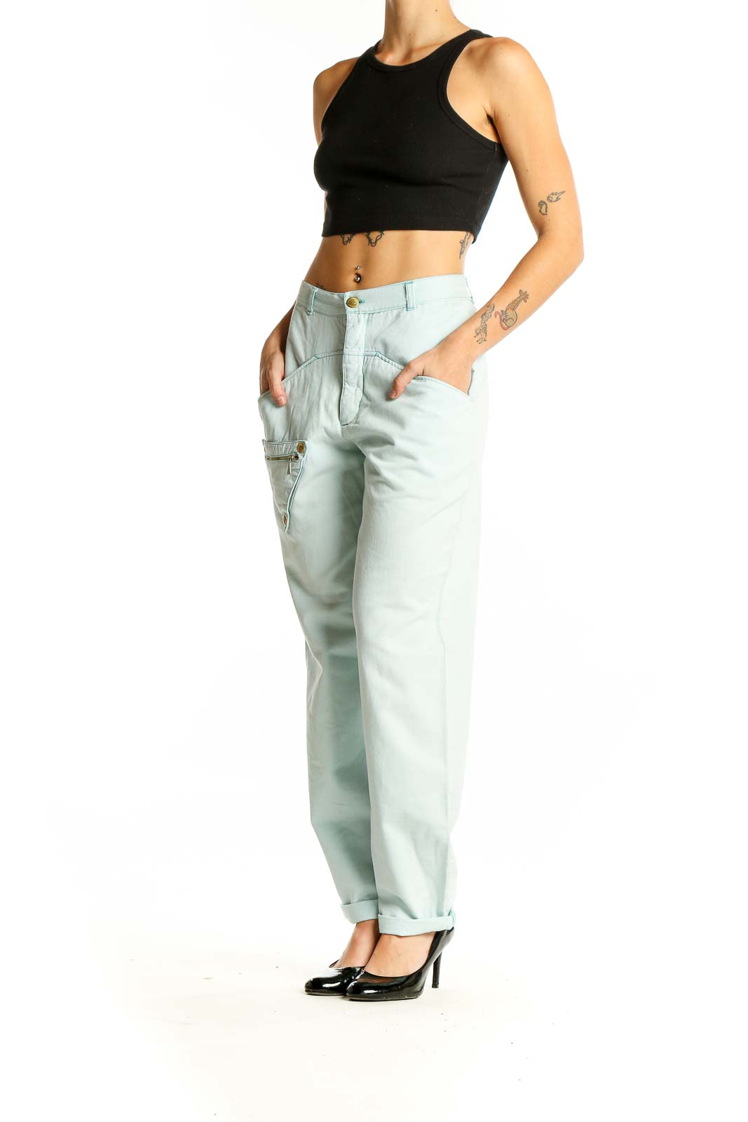 Front view of SilkRoll light blue cotton denim cargo pants with diagonal seam detail