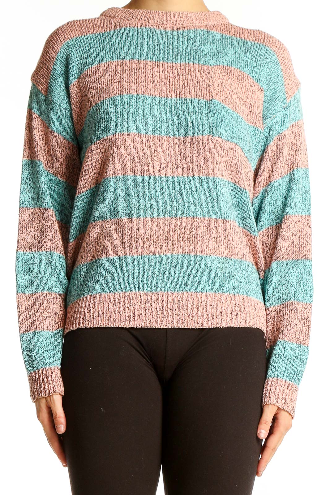 Front view of pink and teal striped knit sweater from Collections