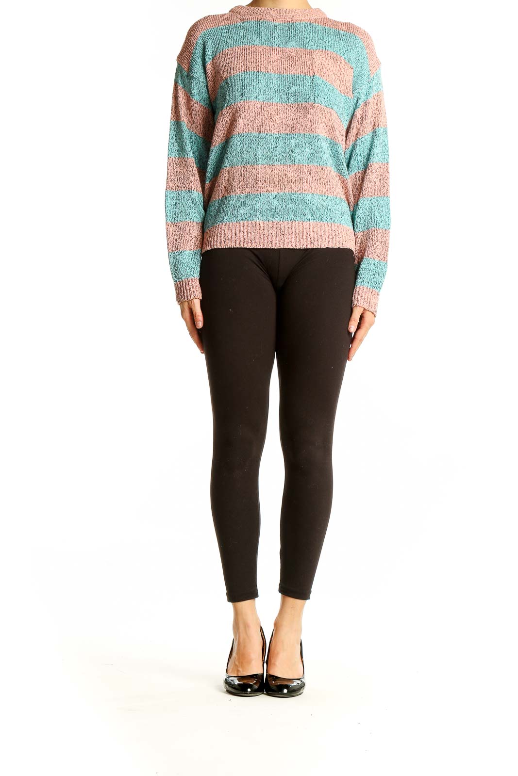 Front view of pink and teal striped knit sweater from Collections