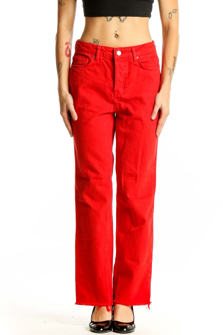 Front view of Zara red wide-leg denim jeans with high-rise waist