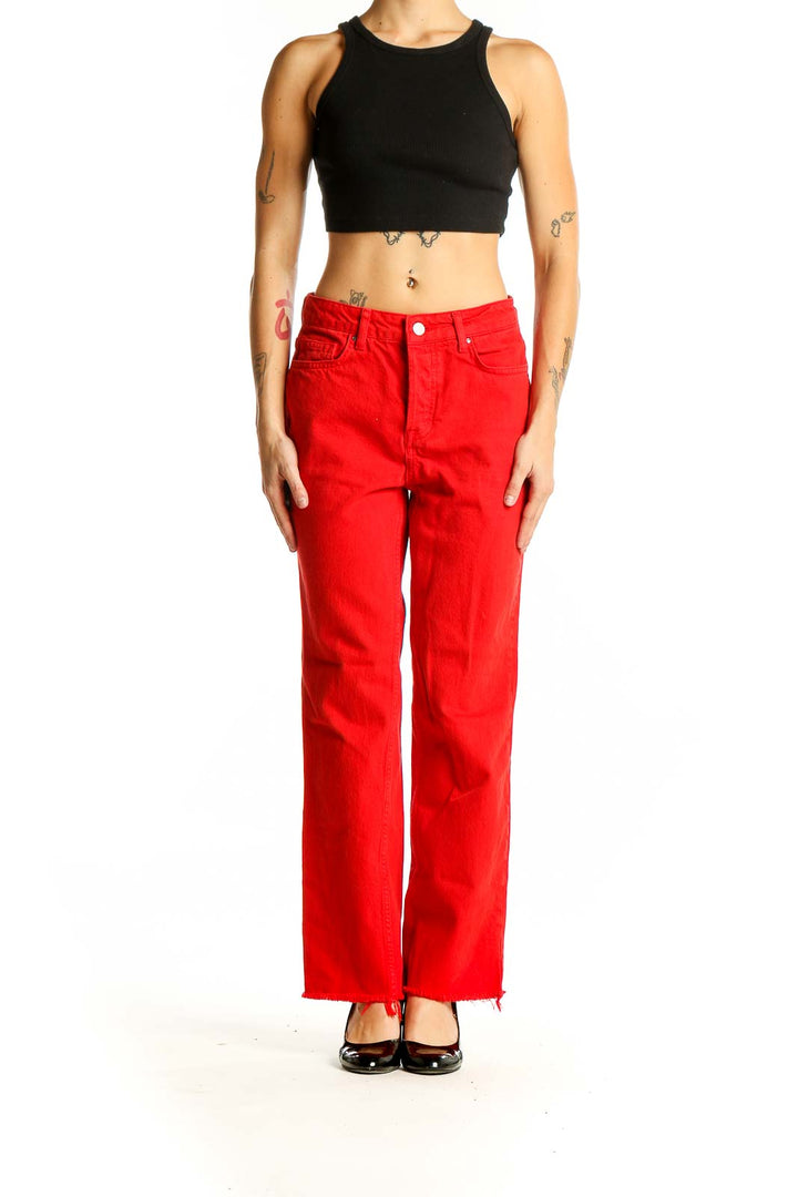 Front view of Zara red wide-leg denim jeans with high-rise waist