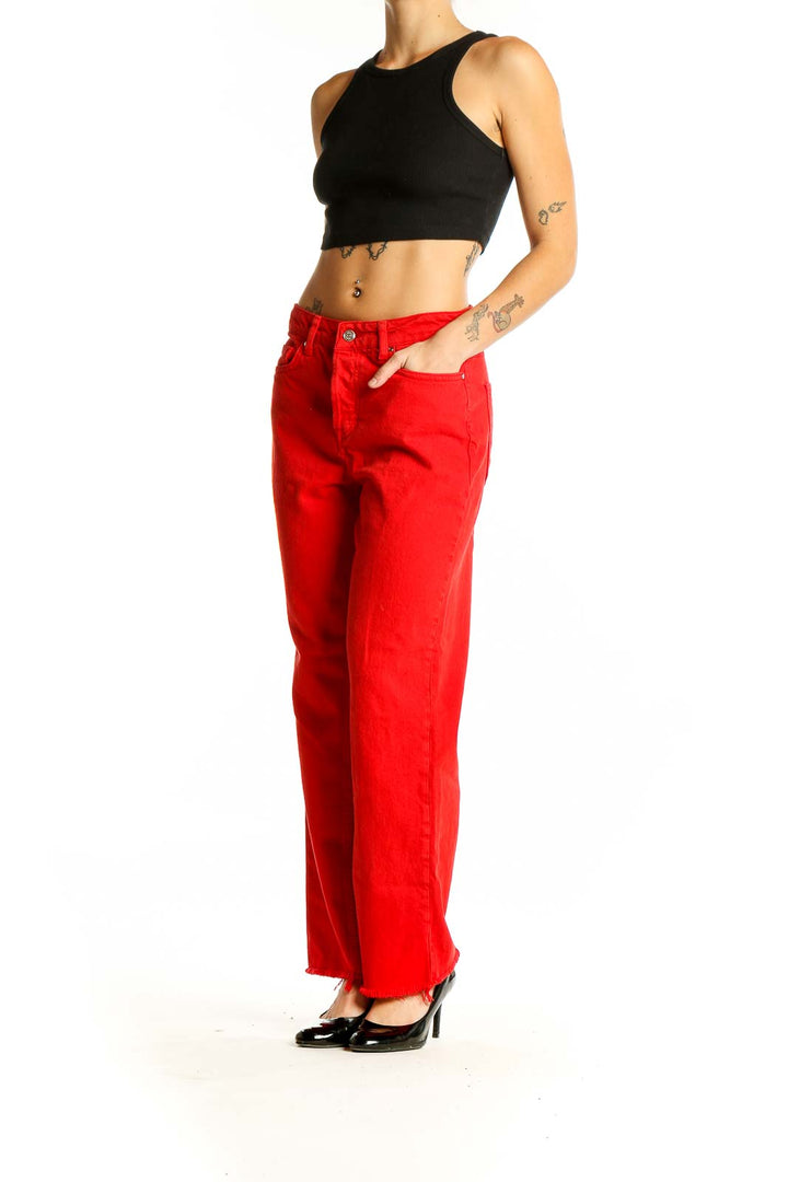 Front view of Zara red wide-leg denim jeans with high-rise waist