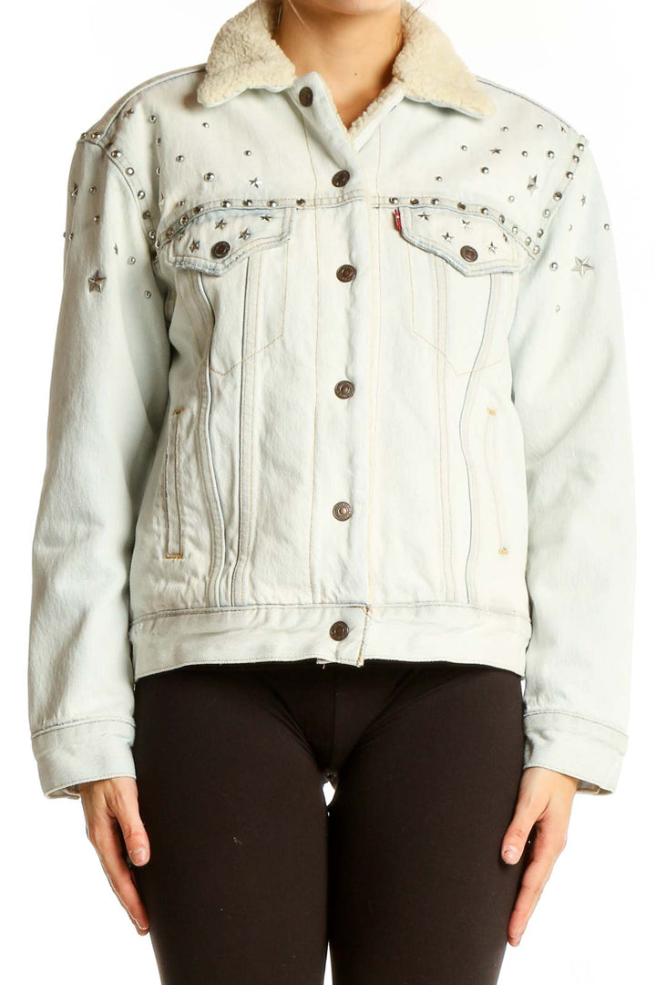 Front view of light blue Levi's denim jacket with studded details and sherpa collar