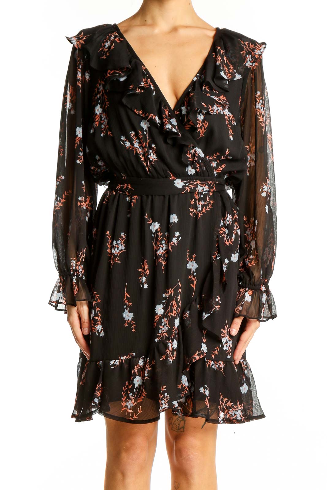 Front view of SilkRoll black floral wrap mini dress with ruffled V-neck and sheer sleeves