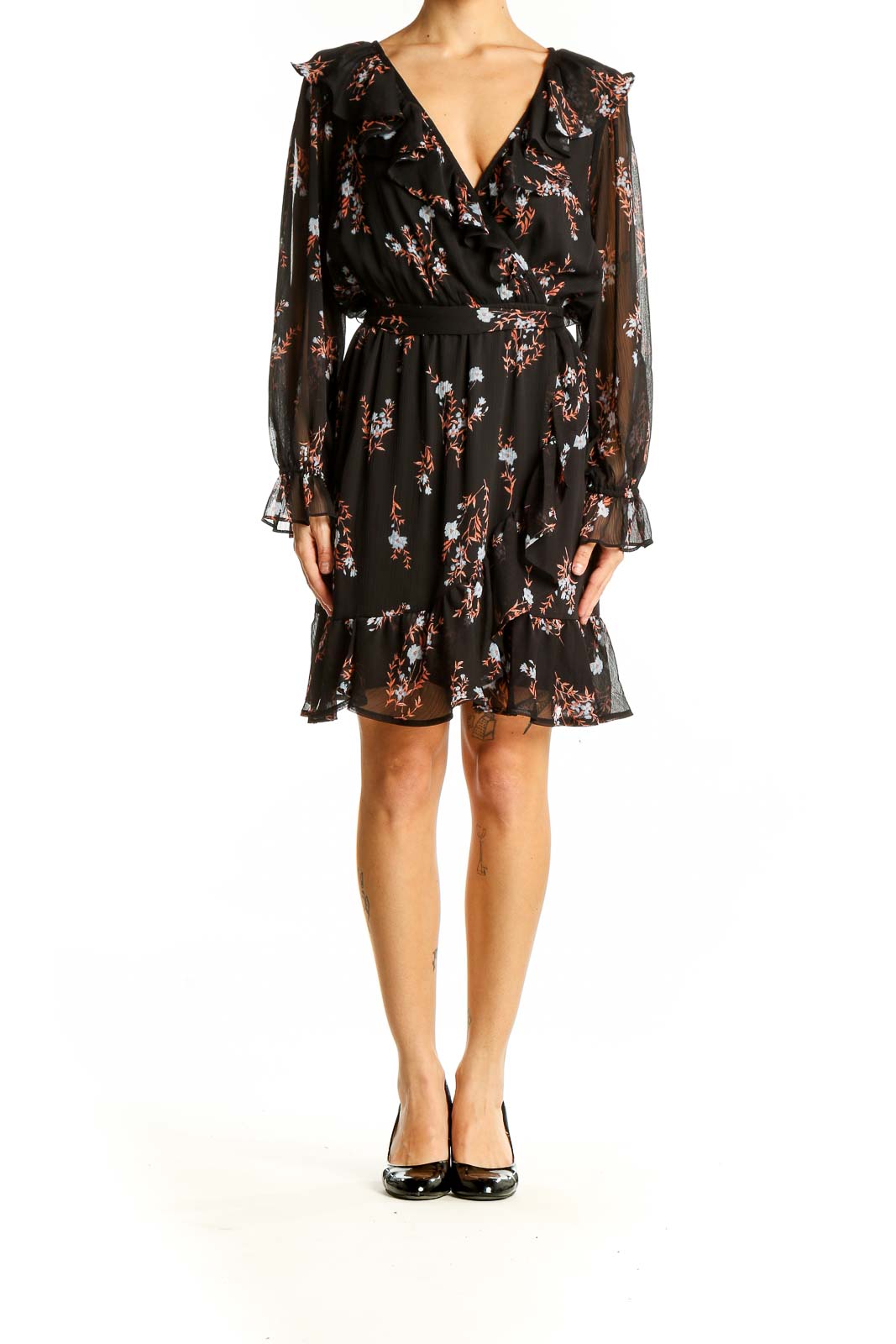 Front view of SilkRoll black floral wrap mini dress with ruffled V-neck and sheer sleeves