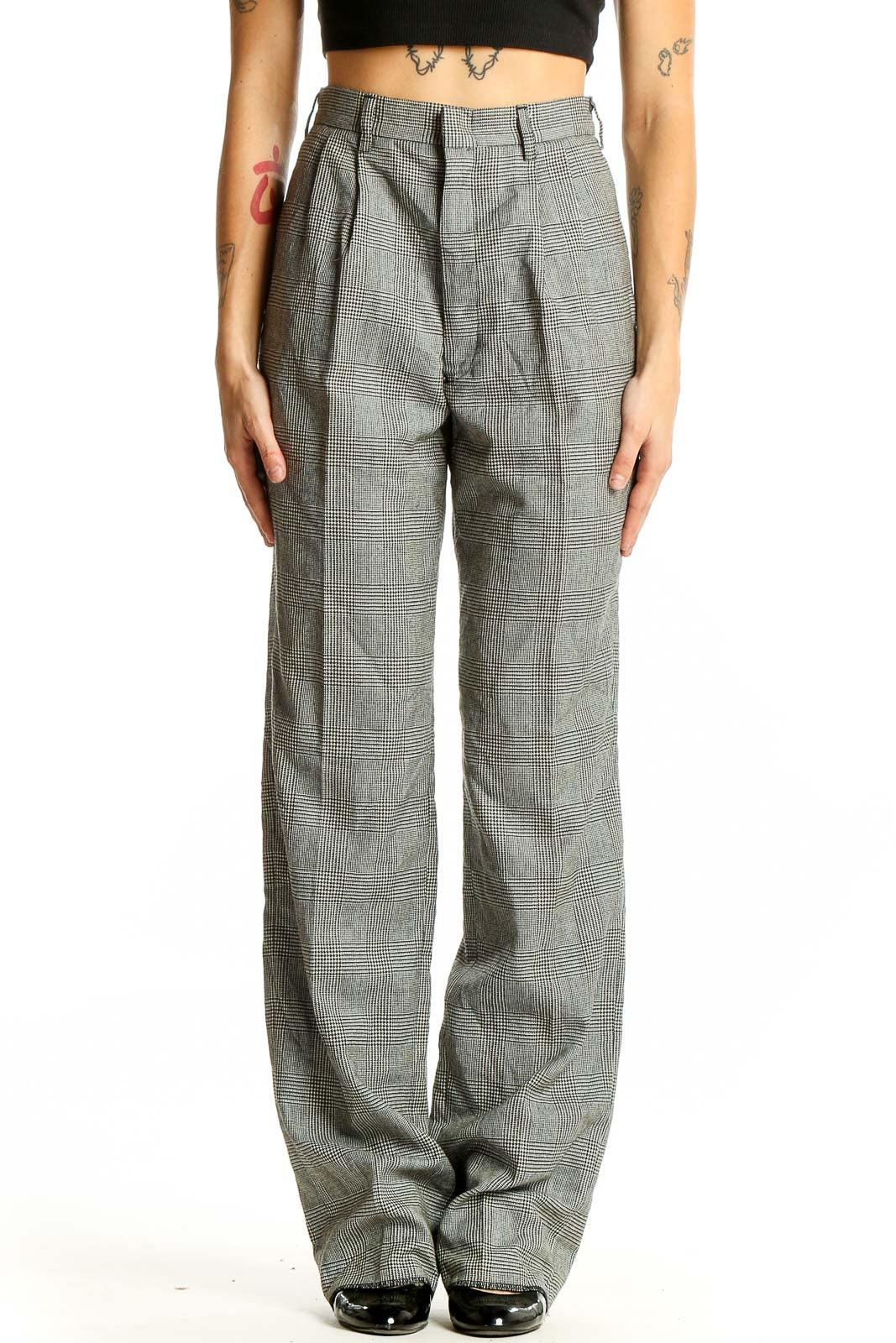 Front view of SilkRoll gray plaid wide-leg trousers on model