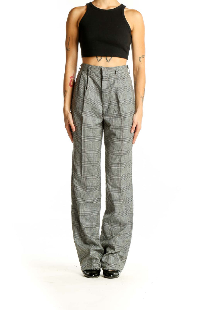 Front view of SilkRoll gray plaid wide-leg trousers on model